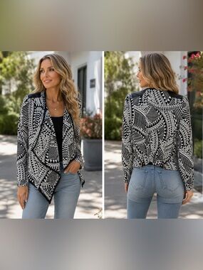 Black White Aztec Print Open Front Cardigan Blouse Faux Leather Trim M